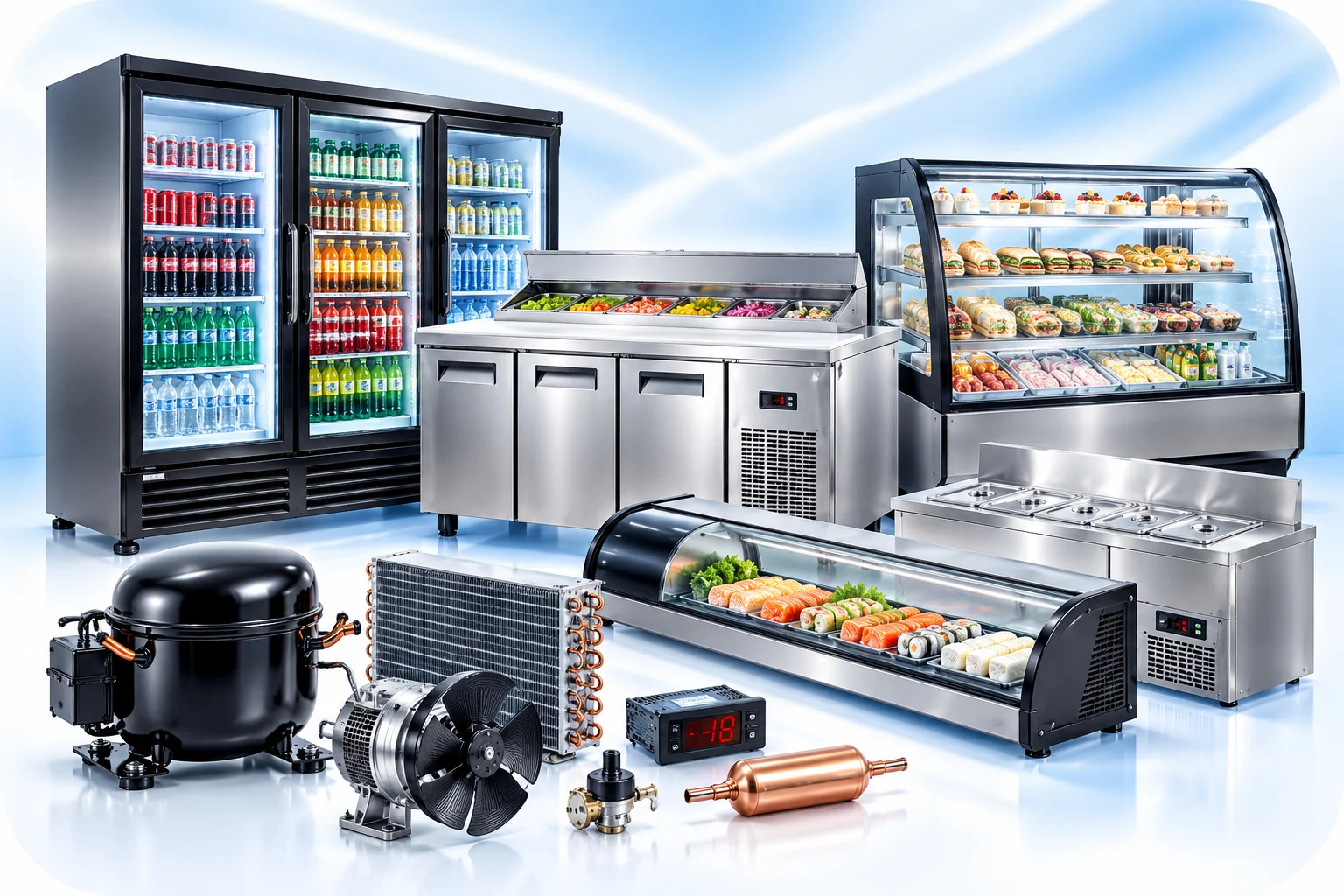 Cooler, vitrina, mesón refrigerado y componentes de equipos de frío (imagen ilustrativa)